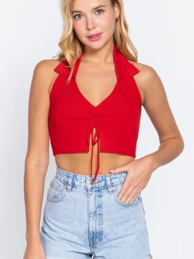 Halter Ruched Crop Sweater Knit Top