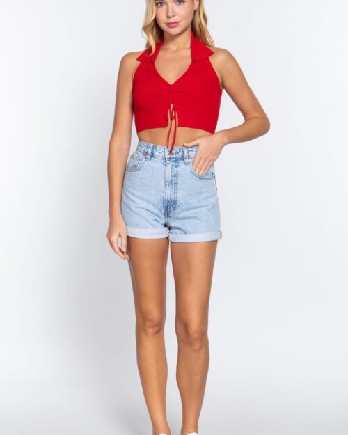 halter ruched crop sweater knit top