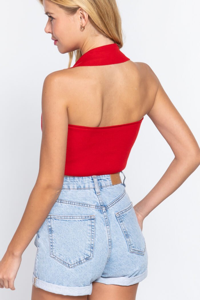 Halter Ruched Crop Sweater Knit Top - Image 4