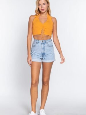 Halter Ruched Crop Sweater Knit Top
