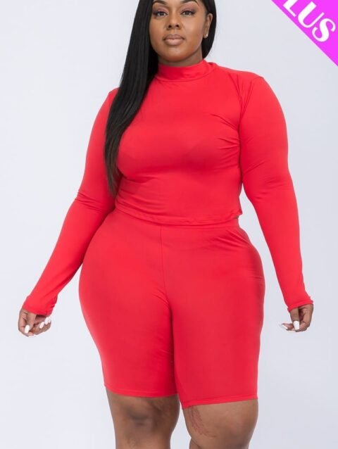 Plus Mock Neck Top & Biker Shorts Set