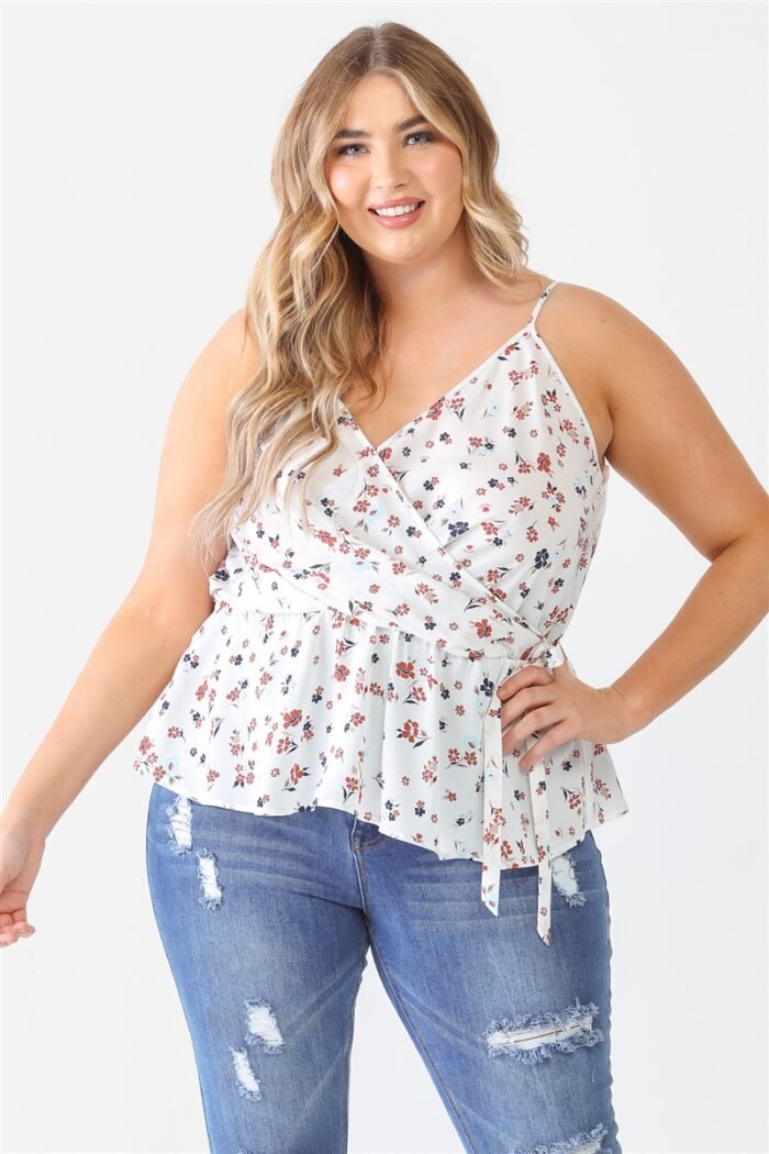 Plus floral sleeveless wrap neck flare hem top