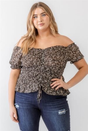 Plus Floral Chiffon Ruched Smocked Off-the-shoulder Top Plus Floral Chiffon Ruched Smocked Off-the-shoulder Top