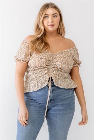 Plus Floral Chiffon Ruched Smocked Off-the-shoulder Top Plus Floral Chiffon Ruched Smocked Off-the-shoulder Top