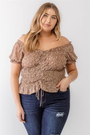 Plus Floral Chiffon Ruched Smocked Off-the-shoulder Top Plus Floral Chiffon Ruched Smocked Off-the-shoulder Top