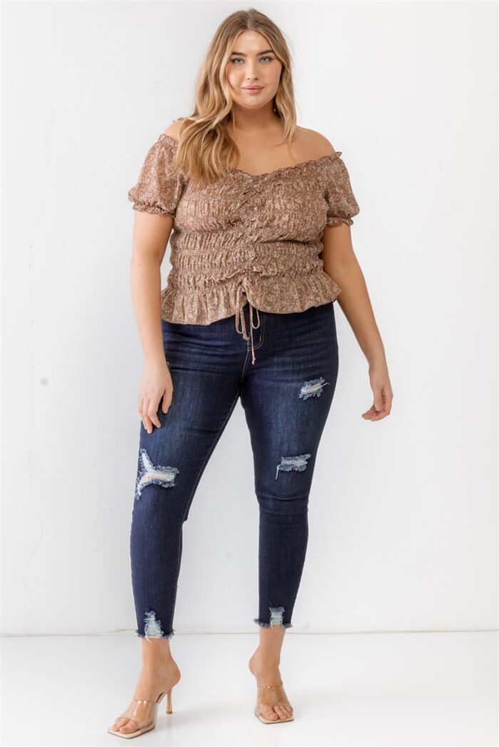 Plus floral chiffon ruched smocked off-the-shoulder top