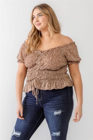 Plus Floral Chiffon Ruched Smocked Off-the-shoulder Top Plus Floral Chiffon Ruched Smocked Off-the-shoulder Top