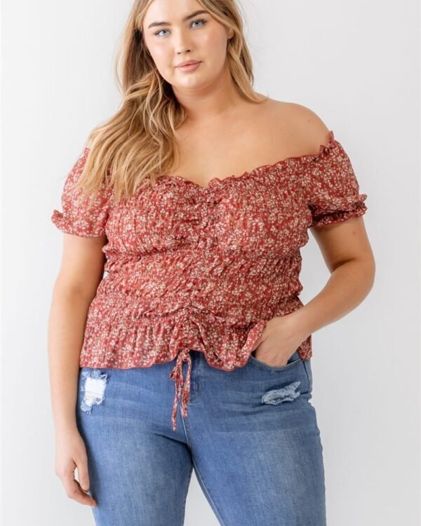 Plus Floral Chiffon Ruched Smocked Off-the-shoulder Top