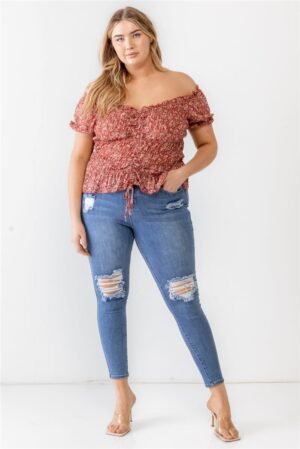 Plus Floral Chiffon Ruched Smocked Off-the-shoulder Top Plus Floral Chiffon Ruched Smocked Off-the-shoulder Top