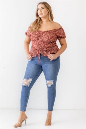 Plus Floral Chiffon Ruched Smocked Off-the-shoulder Top Plus Floral Chiffon Ruched Smocked Off-the-shoulder Top