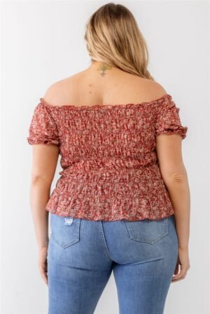 Plus Floral Chiffon Ruched Smocked Off-the-shoulder Top Plus Floral Chiffon Ruched Smocked Off-the-shoulder Top
