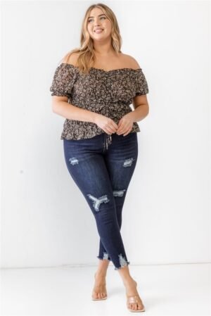 Plus Floral Chiffon Ruched Smocked Off-the-shoulder Top Plus Floral Chiffon Ruched Smocked Off-the-shoulder Top