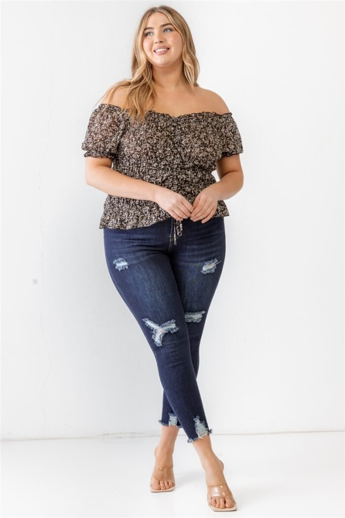 Plus floral chiffon ruched smocked off-the-shoulder top