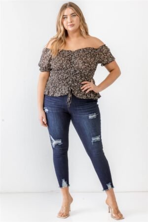Plus Floral Chiffon Ruched Smocked Off-the-shoulder Top Plus Floral Chiffon Ruched Smocked Off-the-shoulder Top