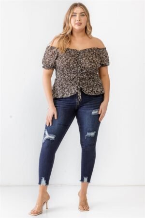 Plus Floral Chiffon Ruched Smocked Off-the-shoulder Top Plus Floral Chiffon Ruched Smocked Off-the-shoulder Top