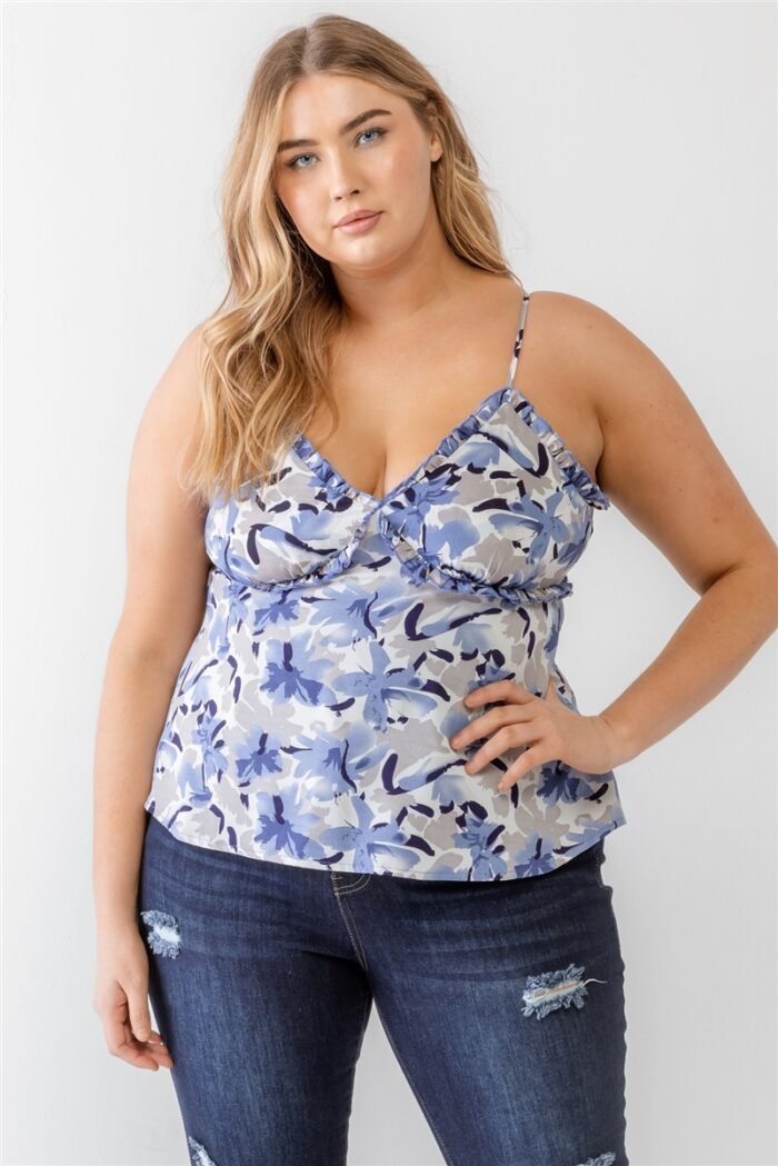 Plus floral print woven ruffle sleeveless back zipper tank top
