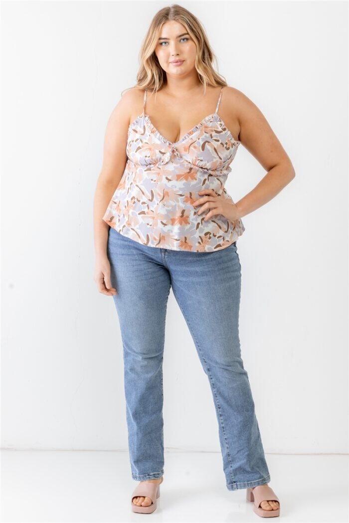 Plus floral print woven ruffle sleeveless back zipper tank top