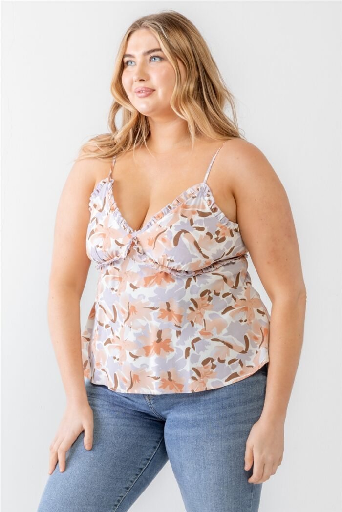 Plus floral print woven ruffle sleeveless back zipper tank top