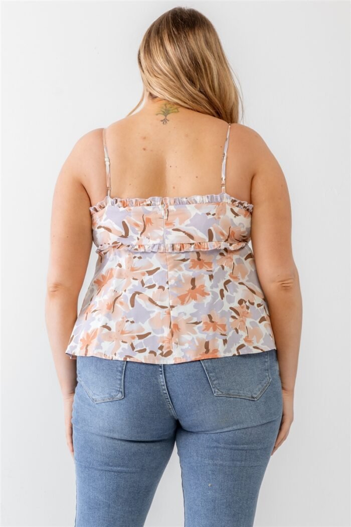 Plus floral print woven ruffle sleeveless back zipper tank top