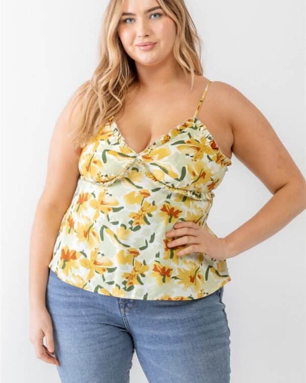 Plus Floral Print Woven Ruffle Sleeveless Back Zipper Tank Top