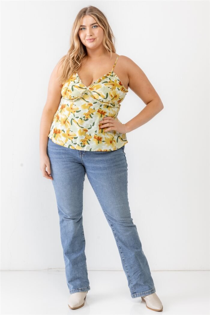 Plus floral print woven ruffle sleeveless back zipper tank top