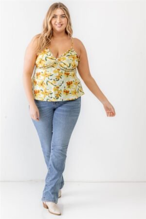 Plus Floral Print Woven Ruffle Sleeveless Back Zipper Tank Top Plus Floral Print Woven Ruffle Sleeveless Back Zipper Tank Top