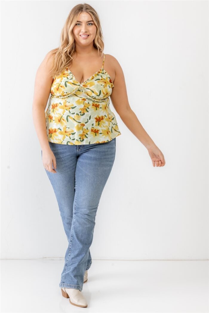 Plus floral print woven ruffle sleeveless back zipper tank top