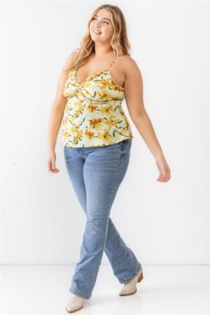 Plus Floral Print Woven Ruffle Sleeveless Back Zipper Tank Top Plus Floral Print Woven Ruffle Sleeveless Back Zipper Tank Top