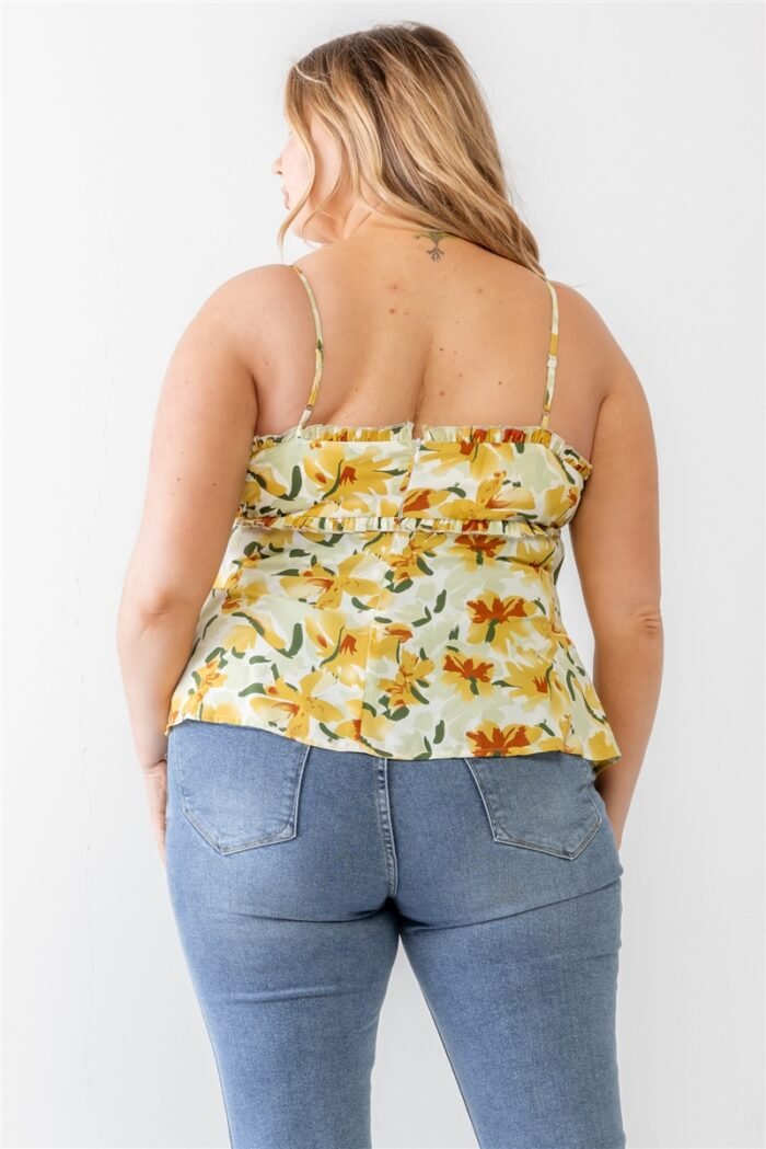 Plus floral print woven ruffle sleeveless back zipper tank top