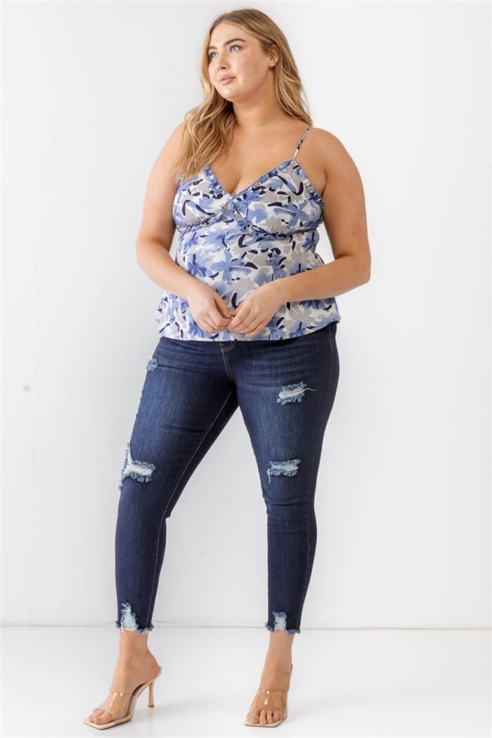 Plus floral print woven ruffle sleeveless back zipper tank top