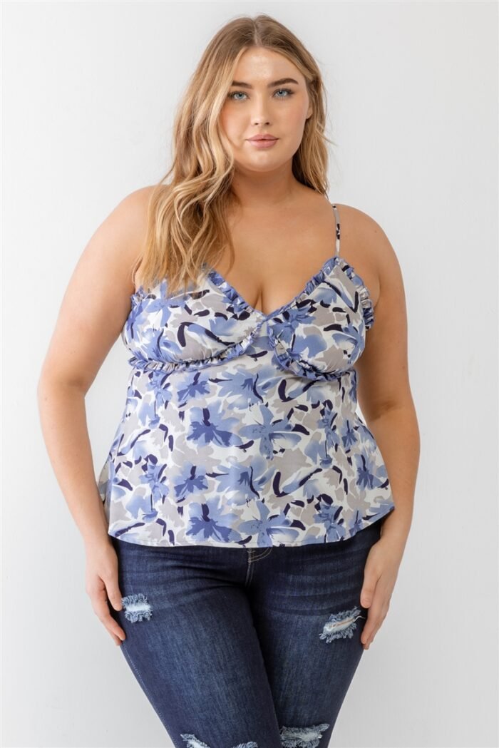 Plus floral print woven ruffle sleeveless back zipper tank top