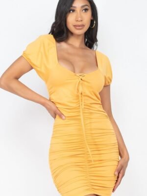 Front Lace Up Ruched Mini Dress