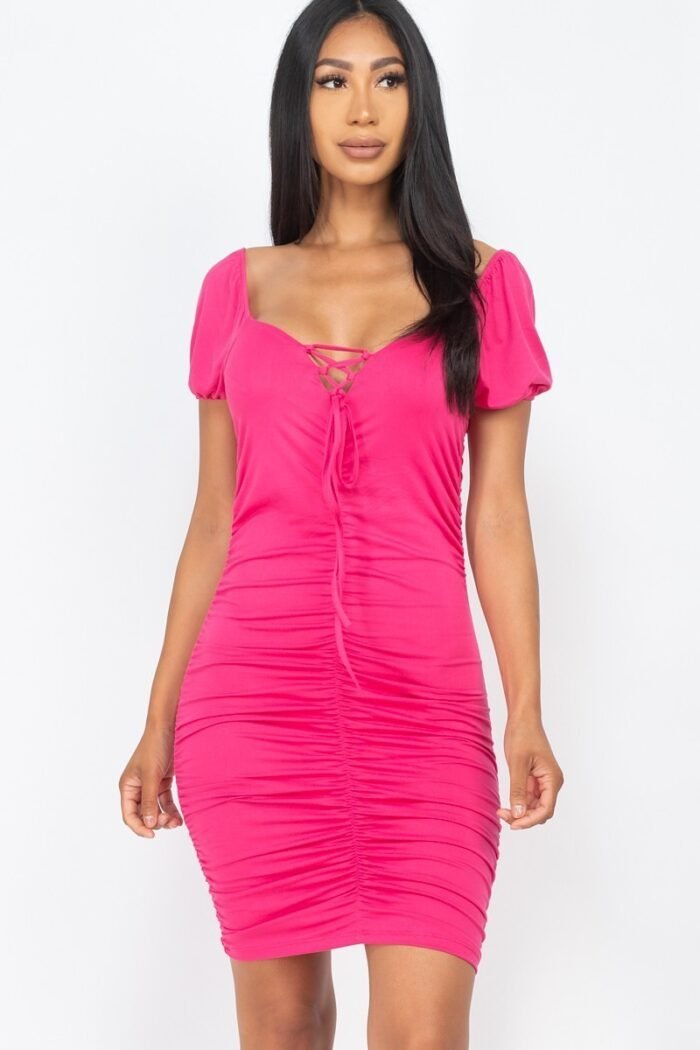 Front lace up ruched mini dress