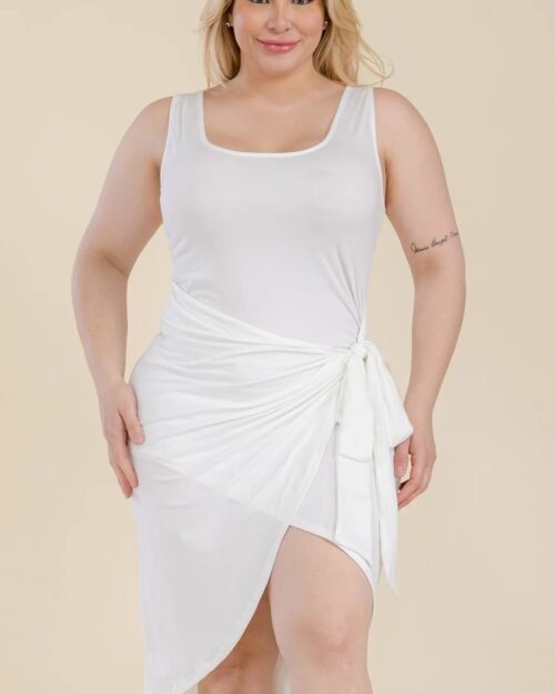 plus size solid wrap front tie side midi dress