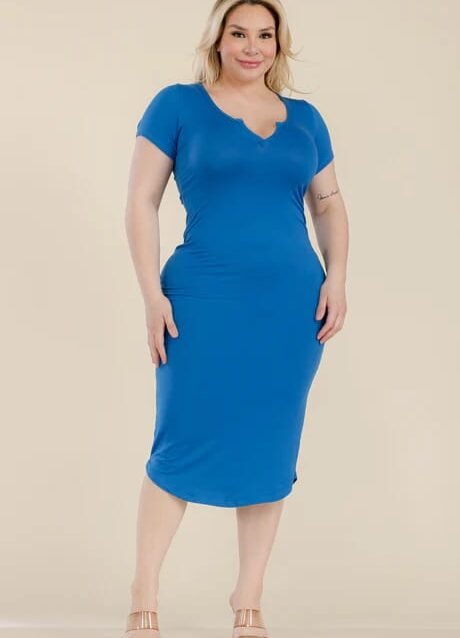 Plus Size Split Neck Bodycon Midi Dress