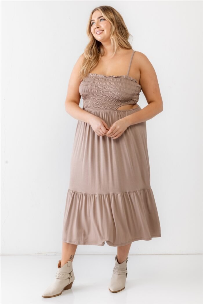 Plus smocked cut-out strappy flare hem midi dress