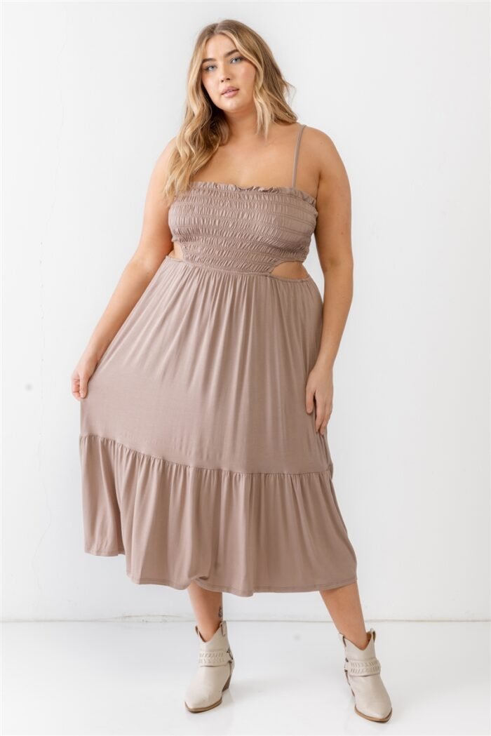 Plus smocked cut-out strappy flare hem midi dress