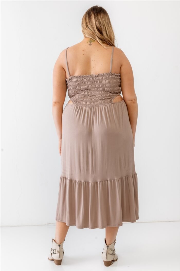 Plus smocked cut-out strappy flare hem midi dress