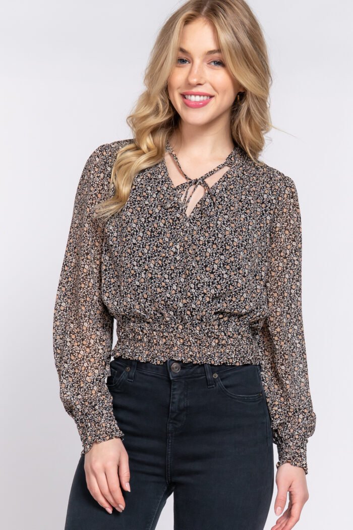 Surplice smocked print chiffon blouse