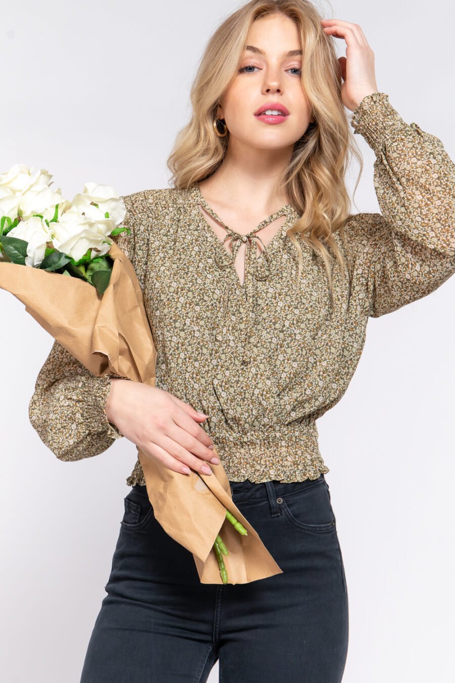 Surplice smocked print chiffon blouse