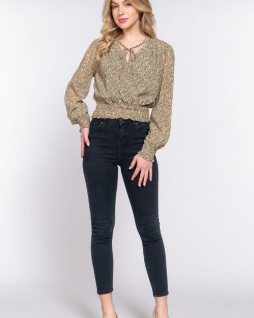surplice smocked print chiffon blouse
