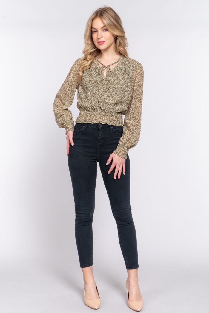 Surplice smocked print chiffon blouse