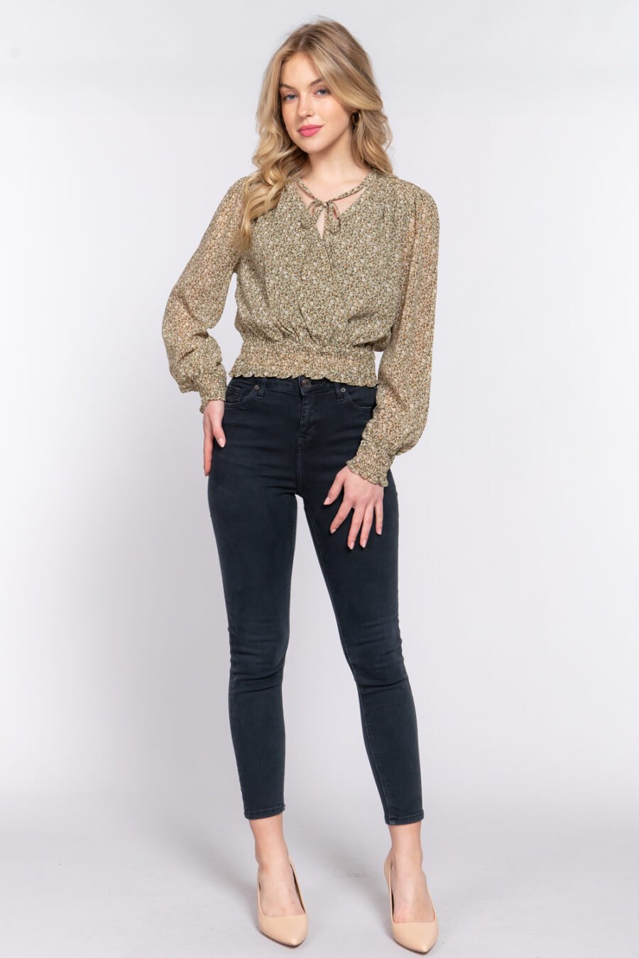 Surplice smocked print chiffon blouse - image 2