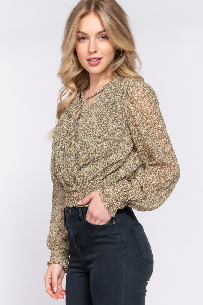 Surplice smocked print chiffon blouse