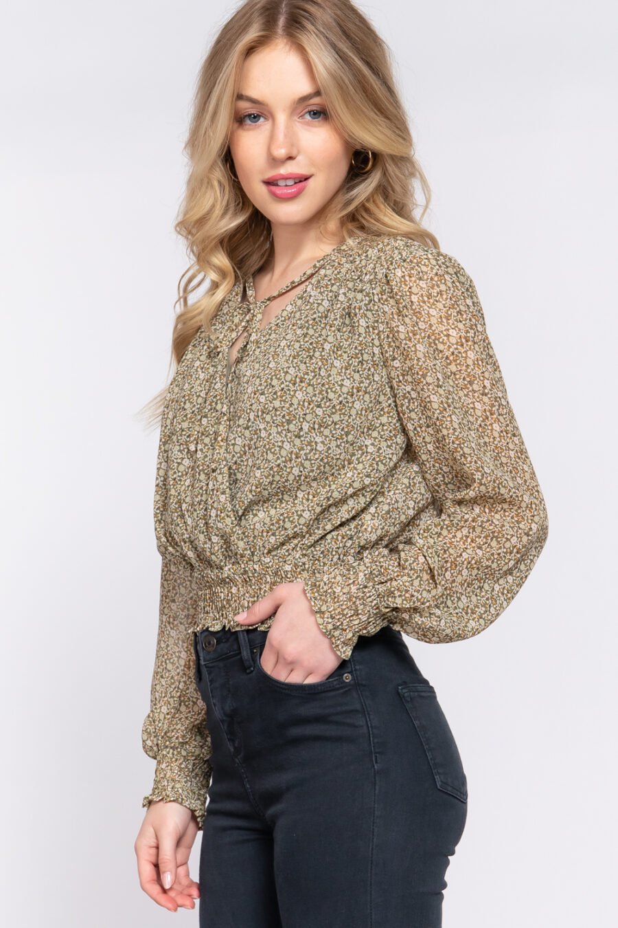 Surplice smocked print chiffon blouse - image 4