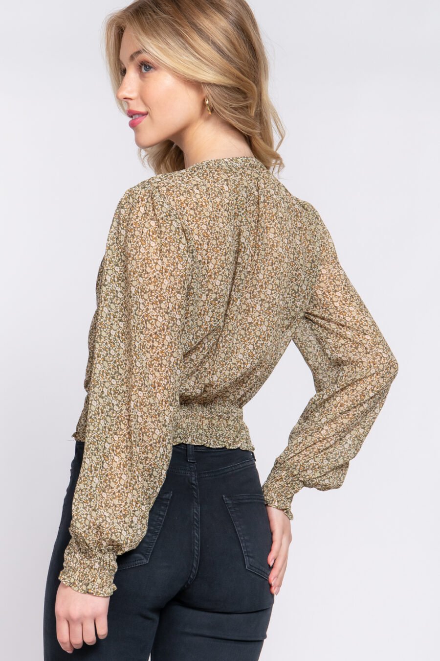 Surplice smocked print chiffon blouse - image 5