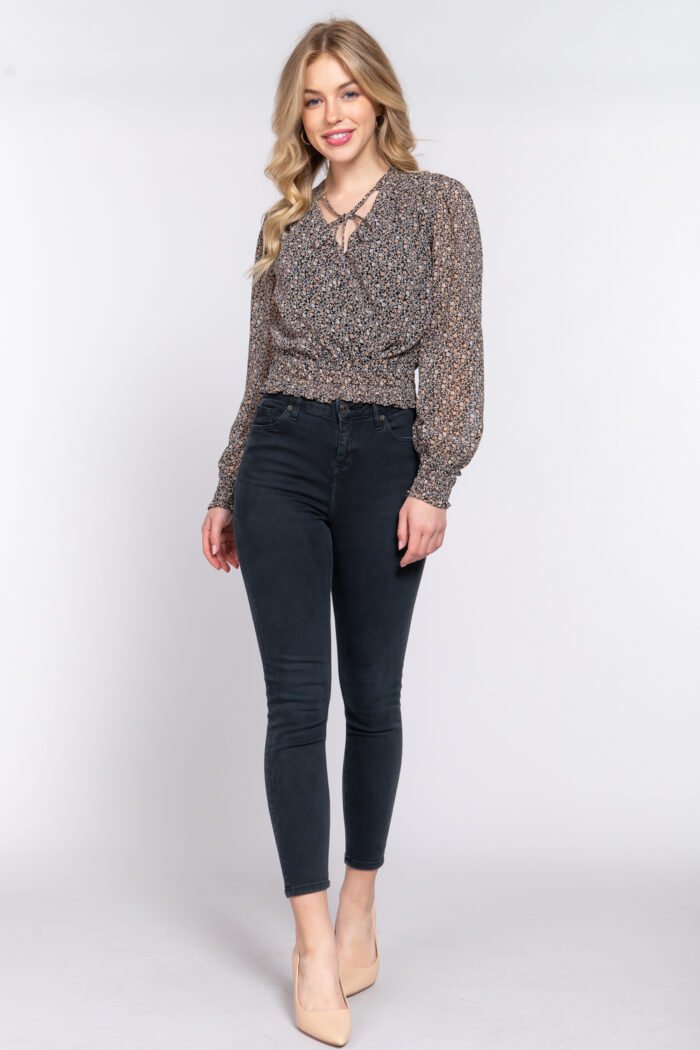 Surplice smocked print chiffon blouse
