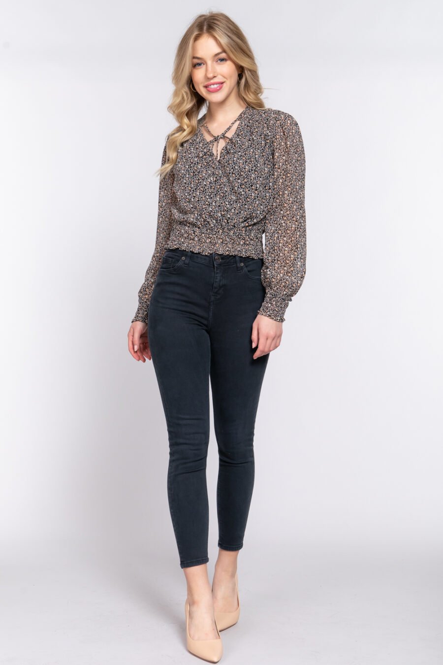 Surplice smocked print chiffon blouse - image 7