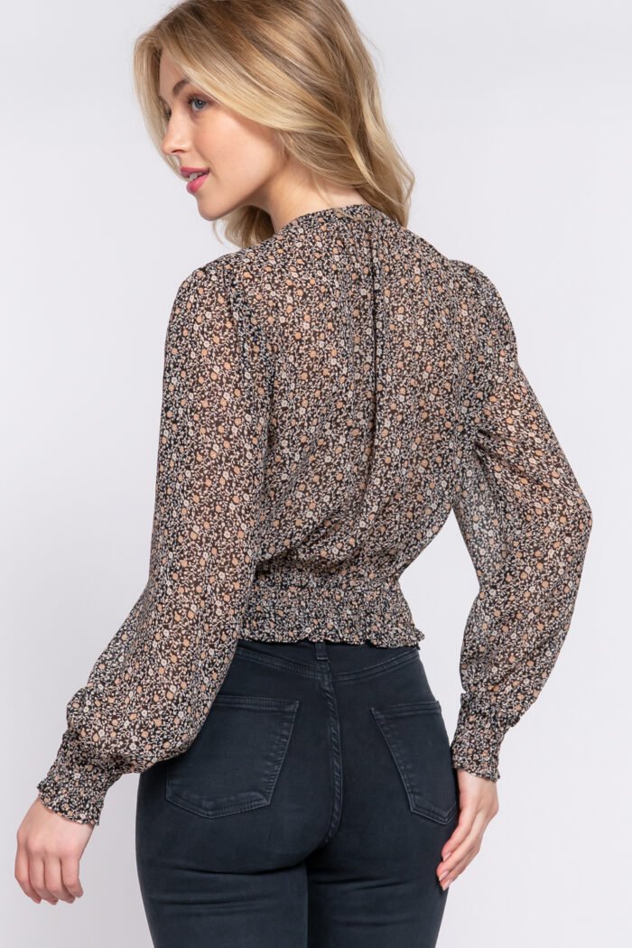 Surplice smocked print chiffon blouse
