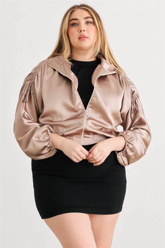 Plus satin zip-up ruched long sleeve cropped bomber jacket